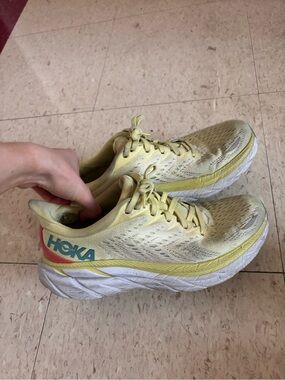 Hoka Women's Pale Yellow Running Sneakers with Teal Logo
